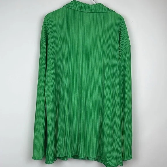 2 Piece Set Pleated Long Sleeve Loose Fit Button Down Shirt Wide Leg Pants Green - Picture 6 of 12